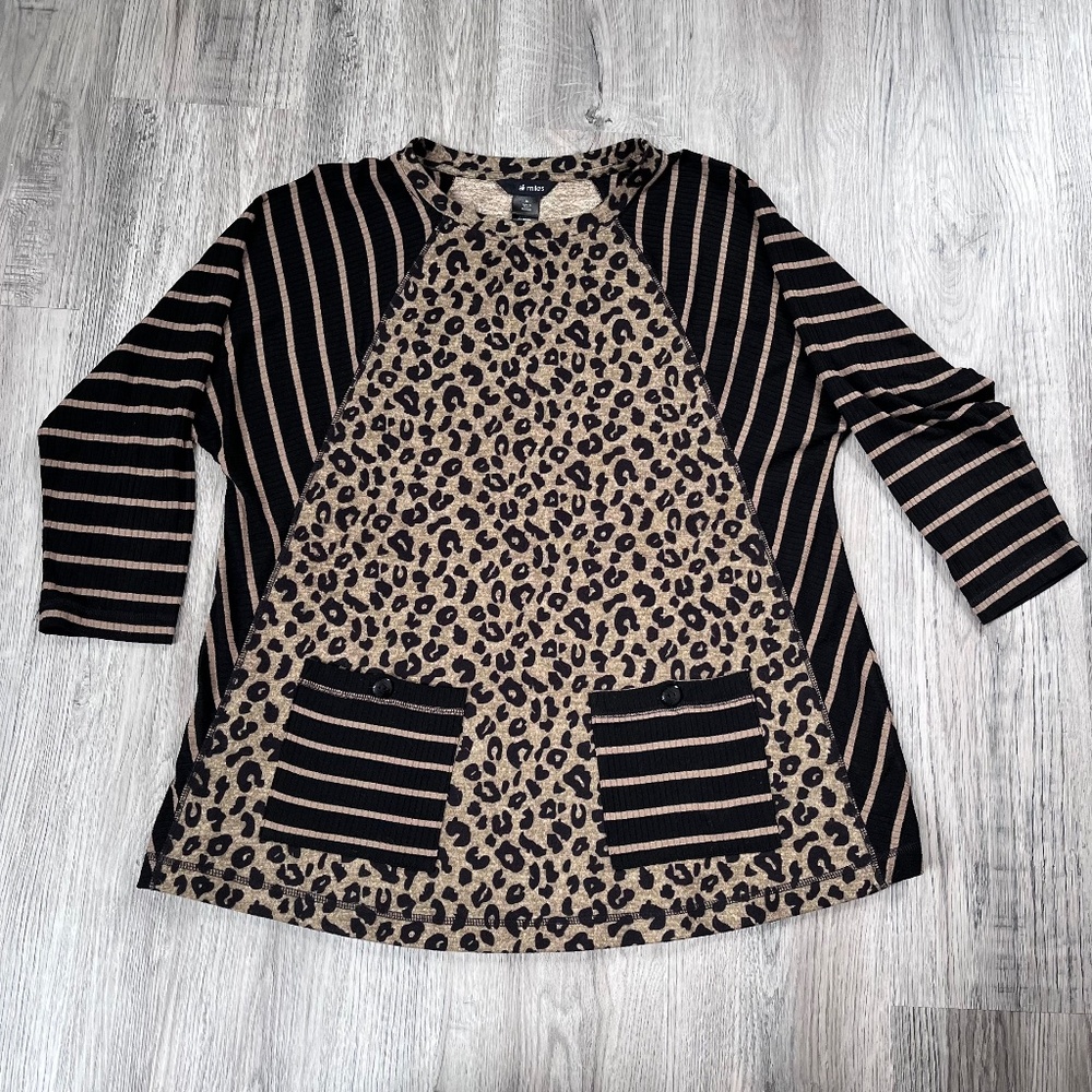 Ali Miles Tunic Shirt Womens M leopard Print Striped Ribbed Raglan Sleeve Pocket - Picture 1 of 9